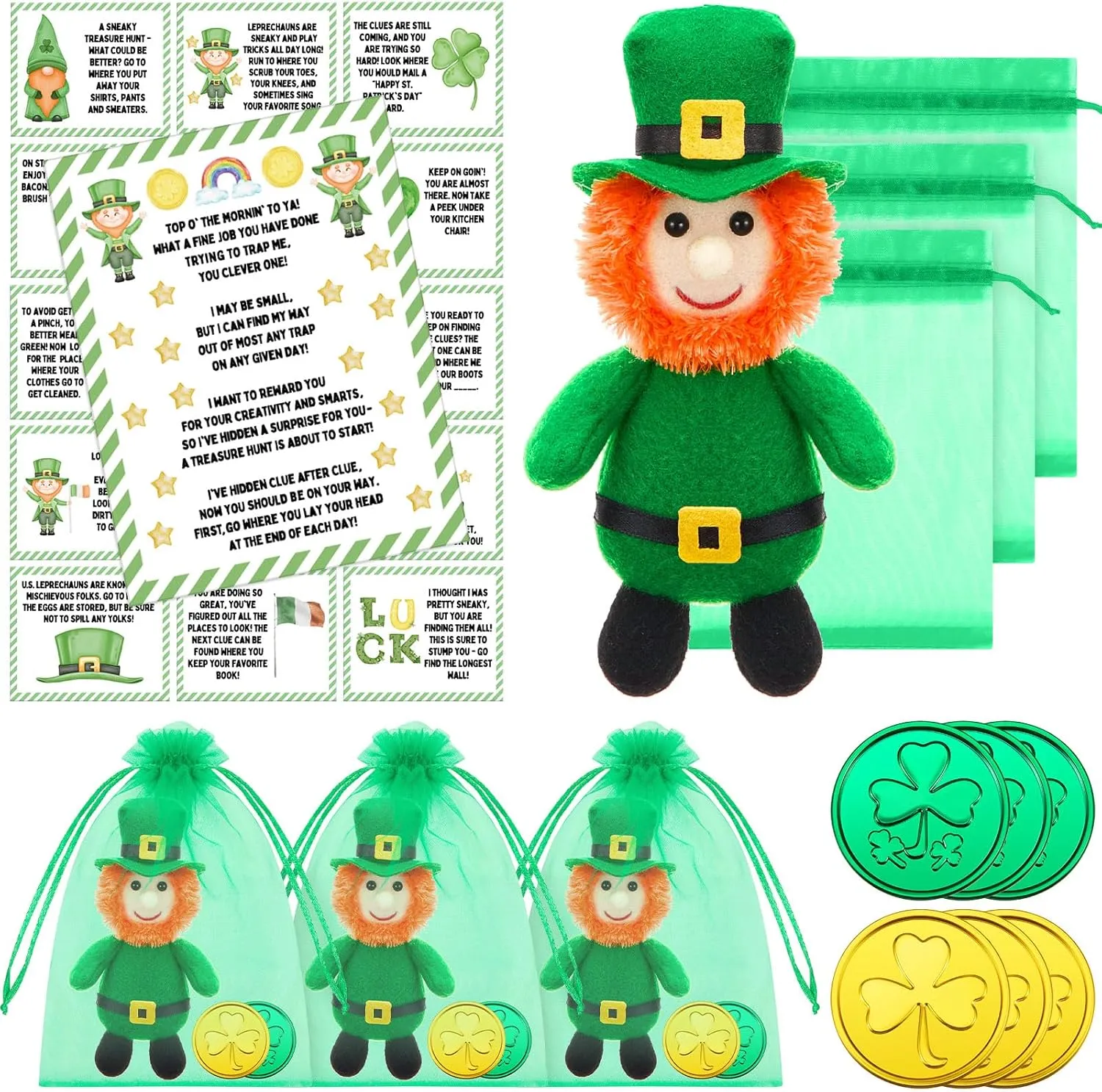 Shappy 24 Set Leprechaun Plush Toy St. Patrick's Day Plush Toy Doll with Shamrock Coins and Leprechaun Treasure Hunt Letter St Patricks Day Decorations Irish Stuffed Decor