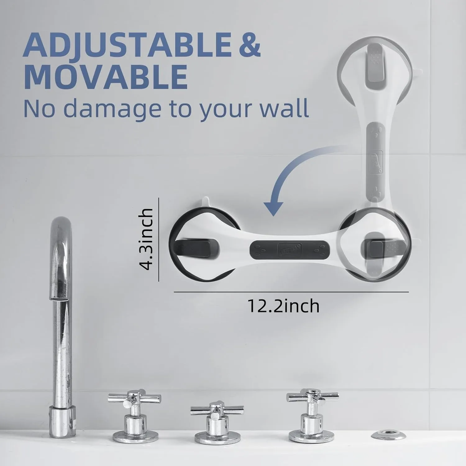 Shower Grab Bar Suction Cup 12 inch, 2 Pack Grab Bars for Bathtubs, Bathroom Safety Grip Shower Handle for Elderly and Seniors, Bath Handrails Removable & Reusable Waterproof No Drilling Black
