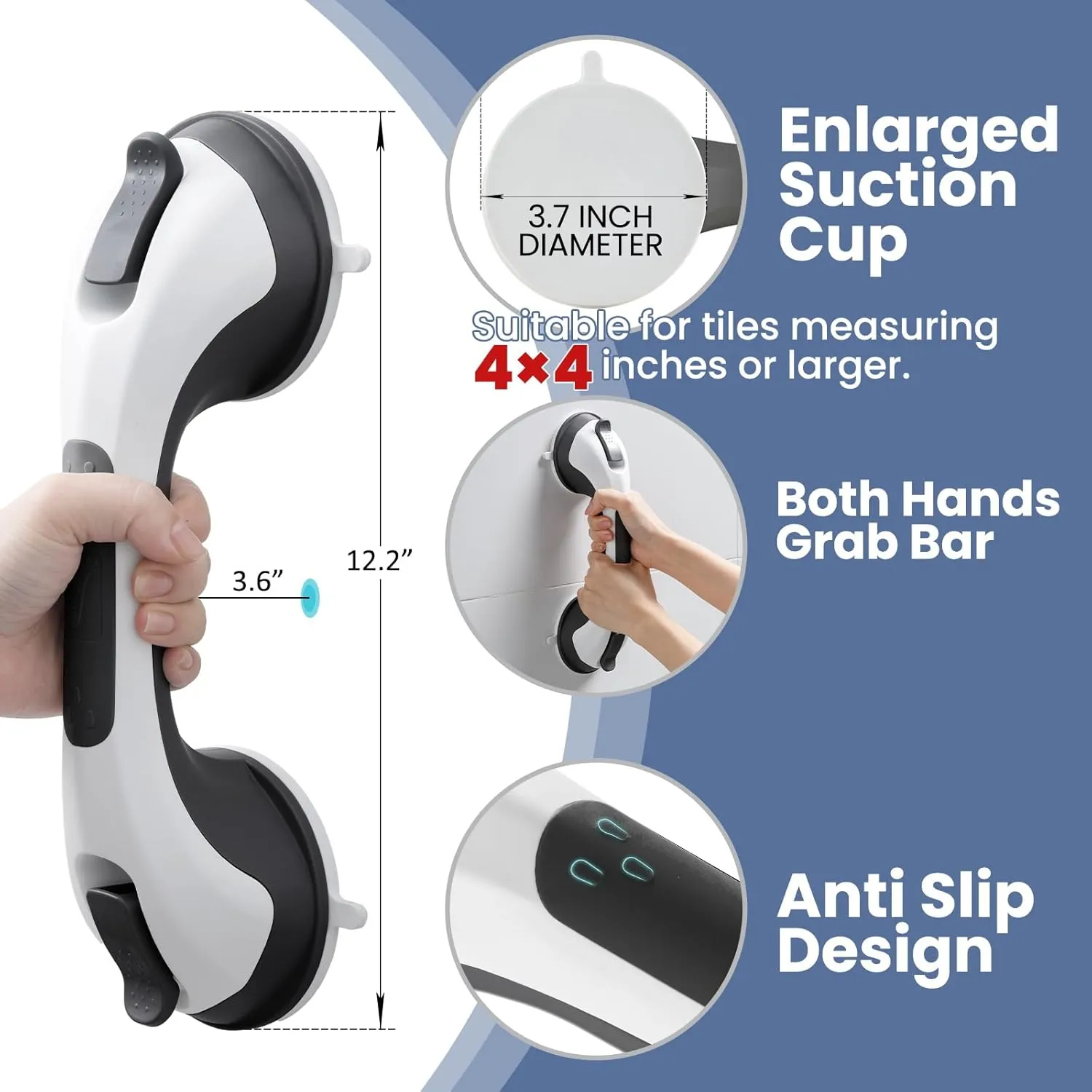 Shower Grab Bar Suction Cup 12 inch, 2 Pack Grab Bars for Bathtubs, Bathroom Safety Grip Shower Handle for Elderly and Seniors, Bath Handrails Removable & Reusable Waterproof No Drilling Black