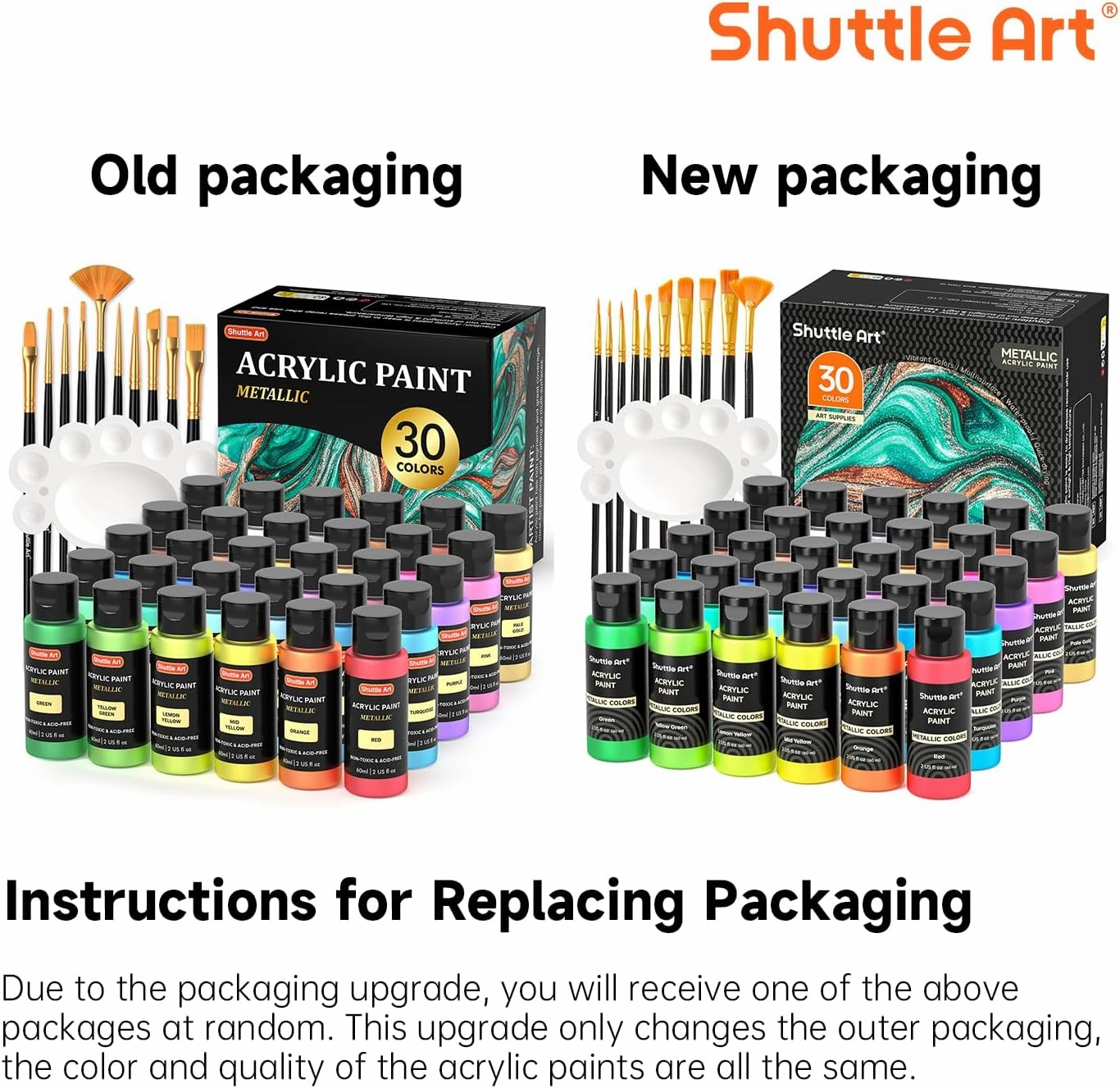 Shuttle Art 30 Colors Metallic Acrylic Paint, Artist Grade Metallic Paint in Bottles (60ml, 2oz), Rich Pigmented, High Viscosity, Non-Toxic for Artists, Beginners on Rocks Crafts Canvas Wood Fabric