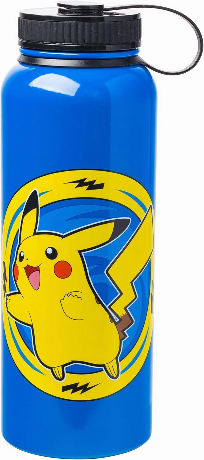 Silver Buffalo Pokemon Pikachu Lightning Bolt Stainless Steel Water Bottle With Twist Lid, 42 Ounces