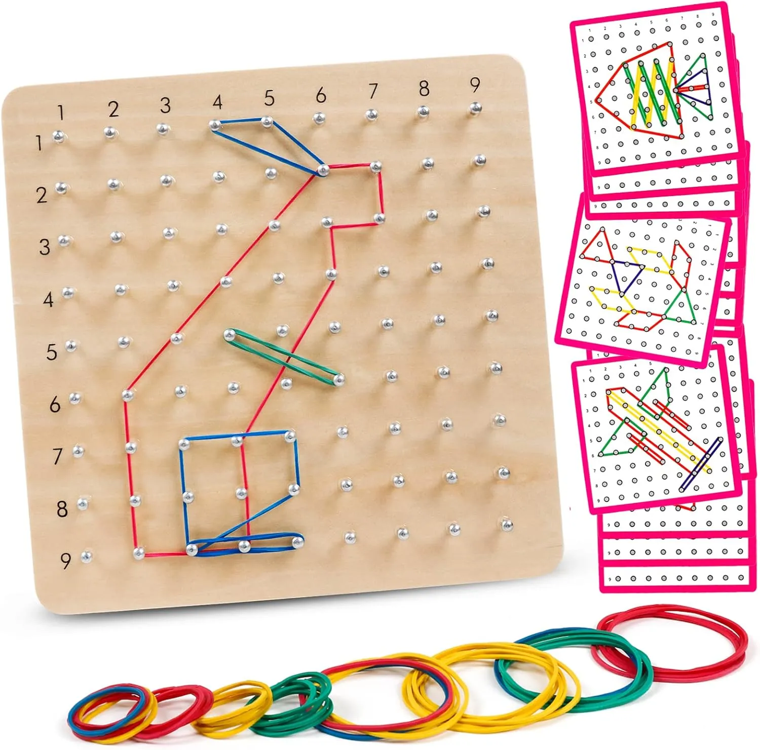 Skrtuan Wooden Geoboard with Pattern Cards & Rubber Bands, Montessori STEM Educational Toy for Kids 5-8 Years Old, Brain Teaser Puzzle Game for Geometry Learning and Creative Shapes