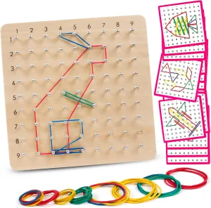 Skrtuan Wooden Geoboard with Pattern Cards & Rubber Bands, Montessori STEM Educational Toy for Kids 5-8 Years Old, Brain Teaser Puzzle Game for Geometry Learning and Creative Shapes