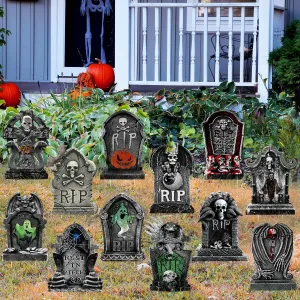 Soaoo 12 Pack Halloween Tombstone Yard Sign, Halloween Headstone Decorations with 24 Pcs Lawn Stakes Metal Stakes for Halloween Lawn Yard Indoor Outdoor Decorations, Haunted House Decor