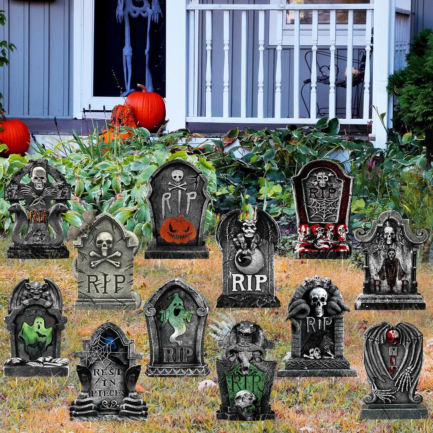 Soaoo 12 Pack Halloween Tombstone Yard Sign, Halloween Headstone Decorations with 24 Pcs Lawn Stakes Metal Stakes for Halloween Lawn Yard Indoor Outdoor Decorations, Haunted House Decor