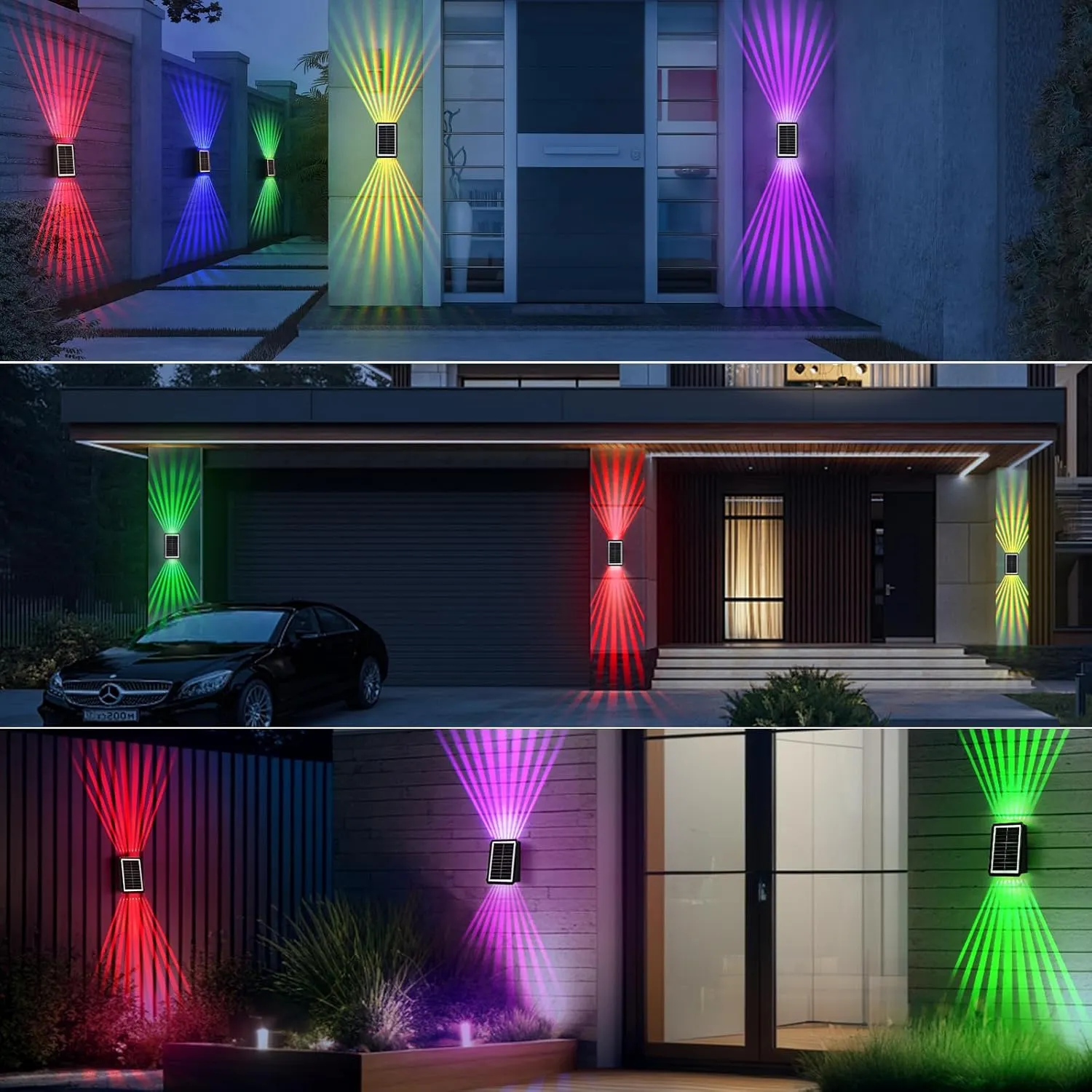 Solar Outdoor Wall Lights, Up & Down Solar Powered Lighting, Waterproof IP65 Fence Light for Yard/Pool/Porch/Patio/Railing (2 Led-RGB Light, 4 Pack)