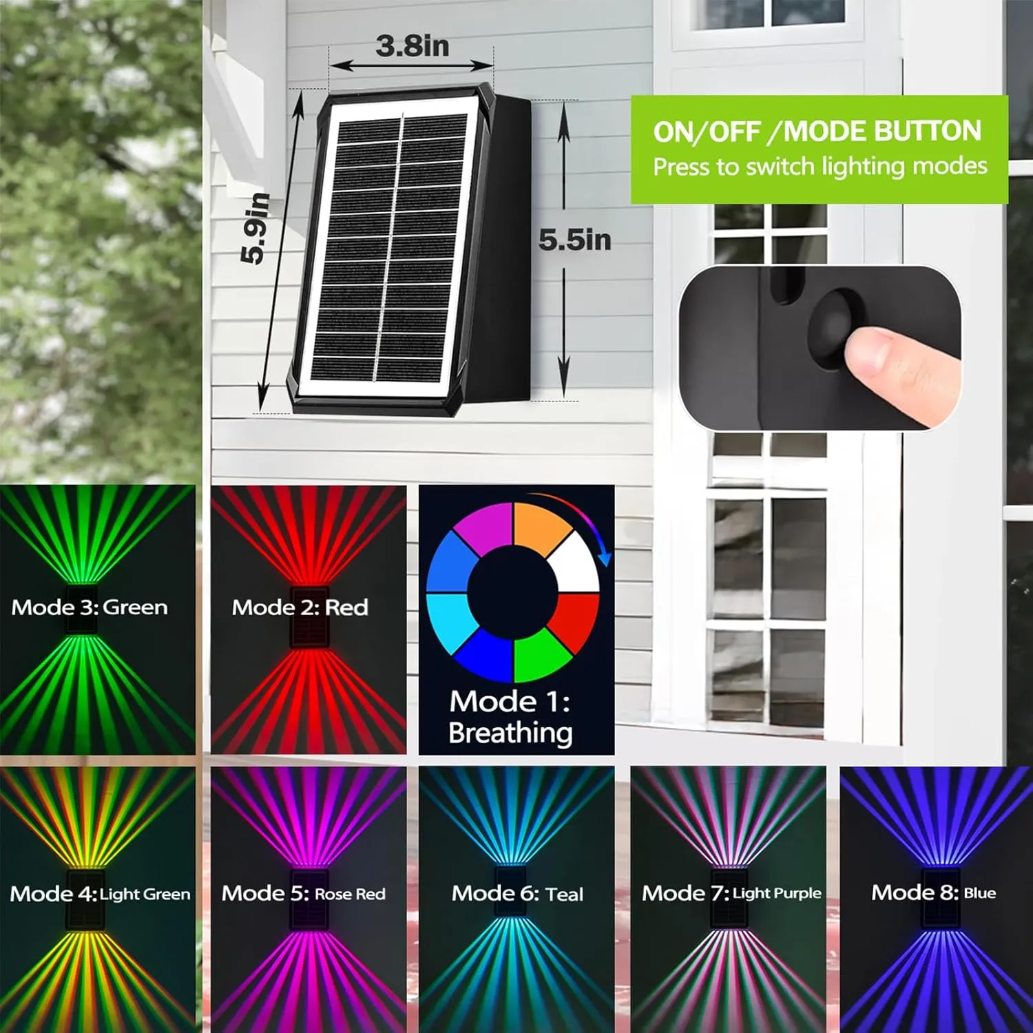 Solar Outdoor Wall Lights, Up & Down Solar Powered Lighting, Waterproof IP65 Fence Light for Yard/Pool/Porch/Patio/Railing (2 Led-RGB Light, 4 Pack)