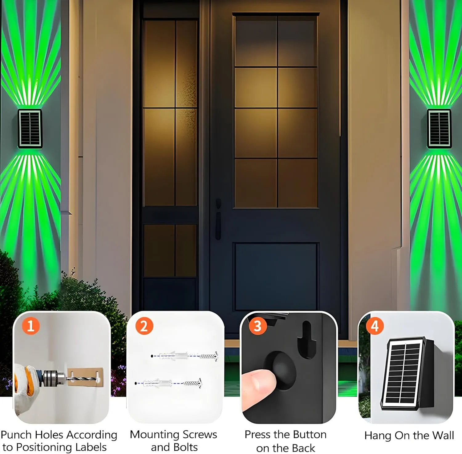 Solar Outdoor Wall Lights, Up & Down Solar Powered Lighting, Waterproof IP65 Fence Light for Yard/Pool/Porch/Patio/Railing (2 Led-RGB Light, 4 Pack)