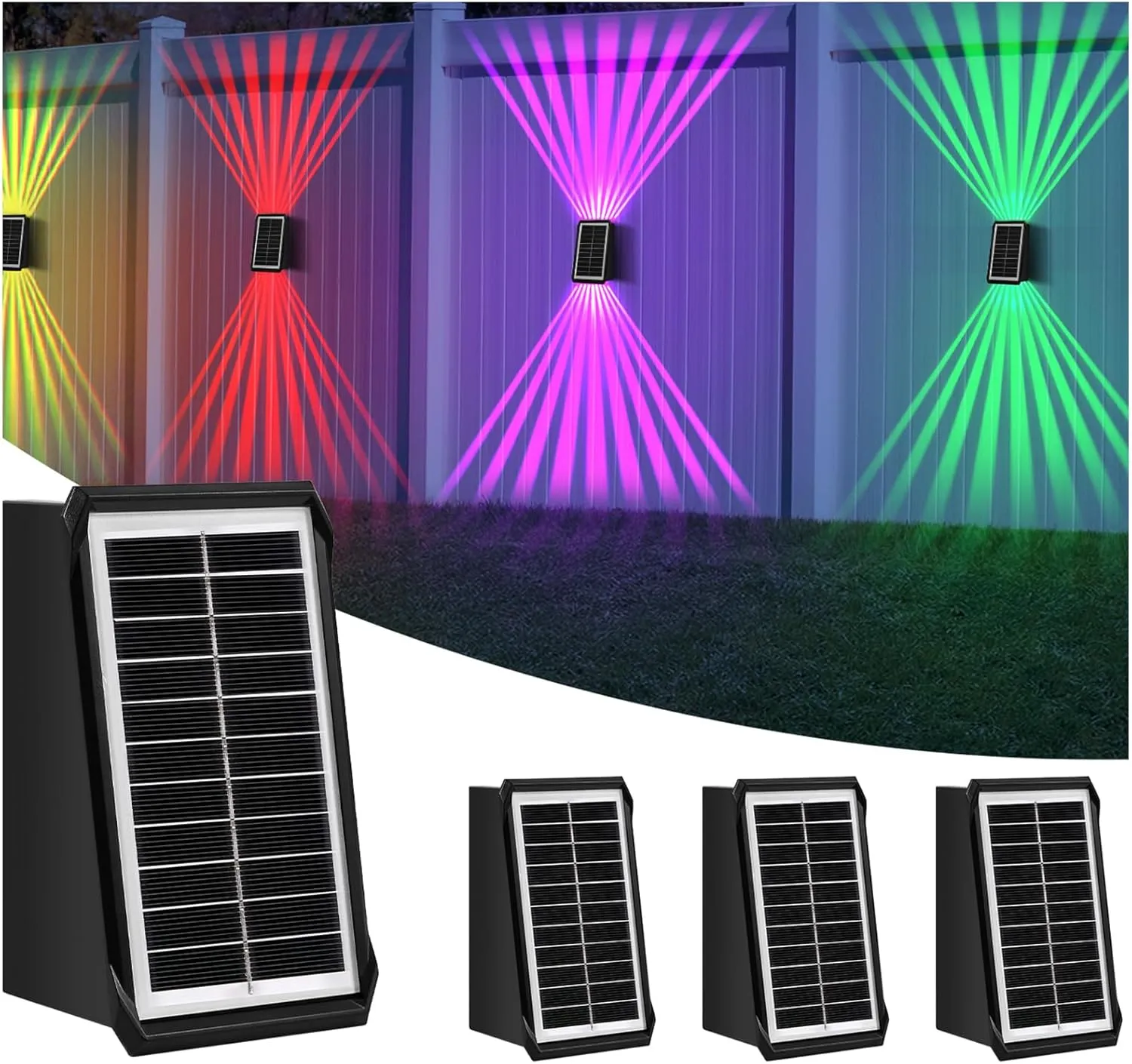 Solar Outdoor Wall Lights, Up & Down Solar Powered Lighting, Waterproof IP65 Fence Light for Yard/Pool/Porch/Patio/Railing (2 Led-RGB Light, 4 Pack)