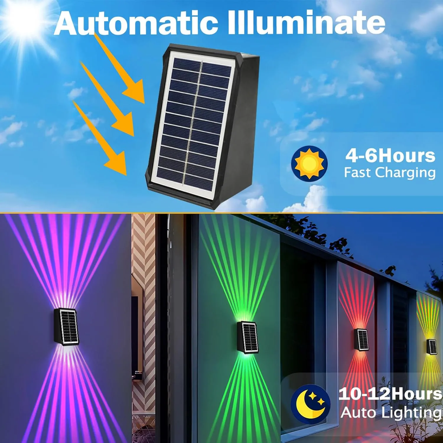 Solar Outdoor Wall Lights, Up & Down Solar Powered Lighting, Waterproof IP65 Fence Light for Yard/Pool/Porch/Patio/Railing (2 Led-RGB Light, 4 Pack)