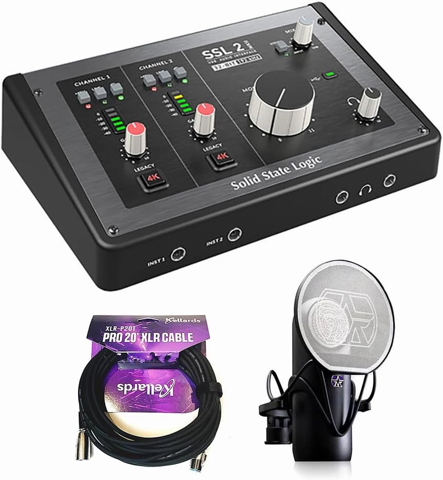 Solid State Logic SSL 2 MKII - 2x2 USB Audio Interface Bundle with Aston Microphones Element Microphone KIT and Kellards XLR-P20T Pro 20 ft XLR Microphone Cable, XLR Male to Female Cable