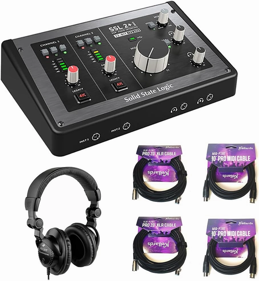 Solid State Logic SSL 2  MKII - 2x4 USB Audio Interface Bundle with Polsen HPC-A30 Closed-Back Studio Monitor Headphones, 2x Kellards XLR-P20T Pro 20' XLR Cable and 2x MID-P10T Pro MIDI Cable 10'