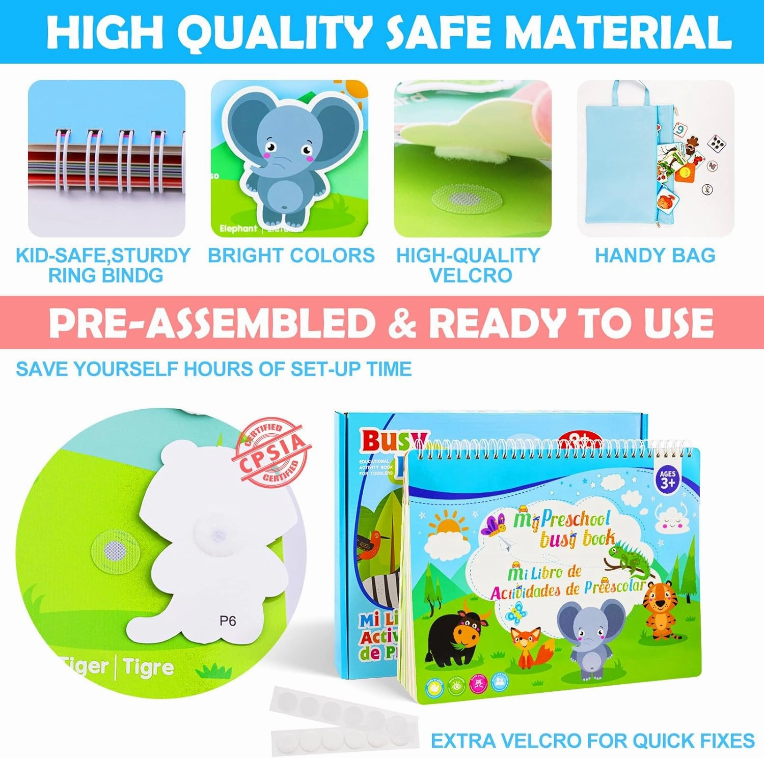 Spanish & English Bilingual Montessori Book for Toddlers 2-4 3-5, Pre-Assembled Reusable Sticker Activities Toy for Kids to Learn Spanish - Speech Therapy Travel Girls Boys Gifts - Juguetes Para Niñas