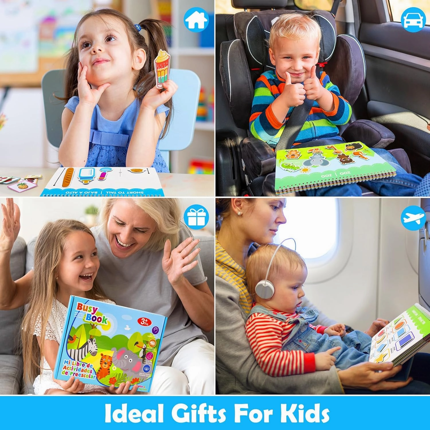 Spanish & English Bilingual Montessori Book for Toddlers 2-4 3-5, Pre-Assembled Reusable Sticker Activities Toy for Kids to Learn Spanish - Speech Therapy Travel Girls Boys Gifts - Juguetes Para Niñas