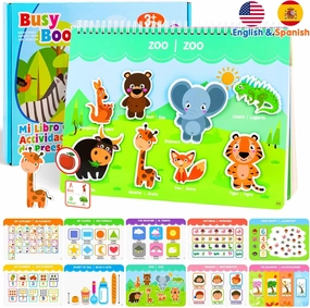 Spanish & English Bilingual Montessori Book for Toddlers 2-4 3-5, Pre-Assembled Reusable Sticker Activities Toy for Kids to Learn Spanish - Speech Therapy Travel Girls Boys Gifts - Juguetes Para Niñas