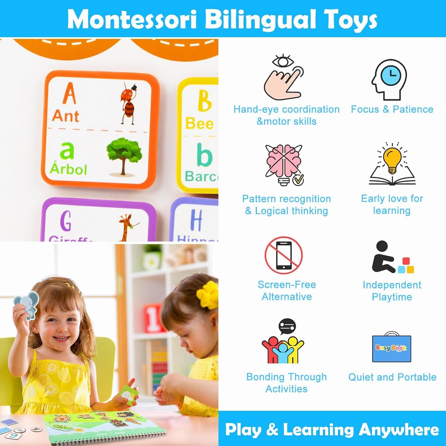 Spanish & English Bilingual Montessori Book for Toddlers 2-4 3-5, Pre-Assembled Reusable Sticker Activities Toy for Kids to Learn Spanish - Speech Therapy Travel Girls Boys Gifts - Juguetes Para Niñas