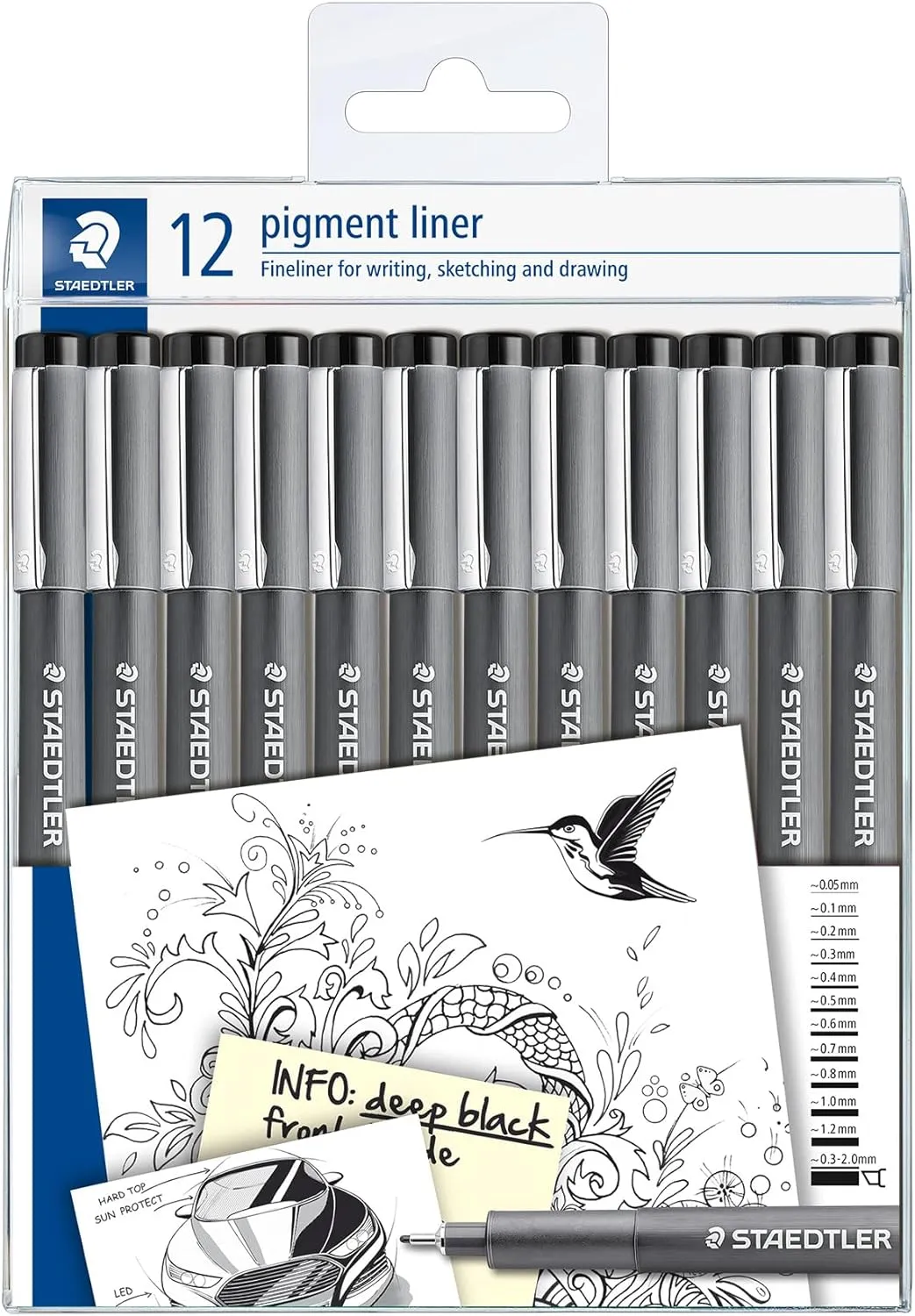 STAEDTLER 308-9 TB12 Pigment Liner Pens - Assorted Line Widths, Black (Set of 12)
