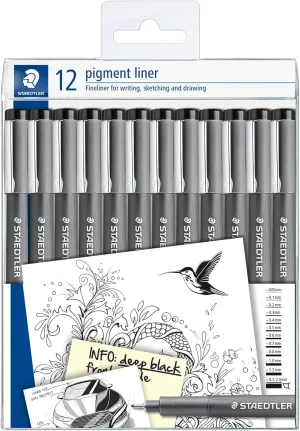 STAEDTLER 308-9 TB12 Pigment Liner Pens - Assorted Line Widths, Black (Set of 12)