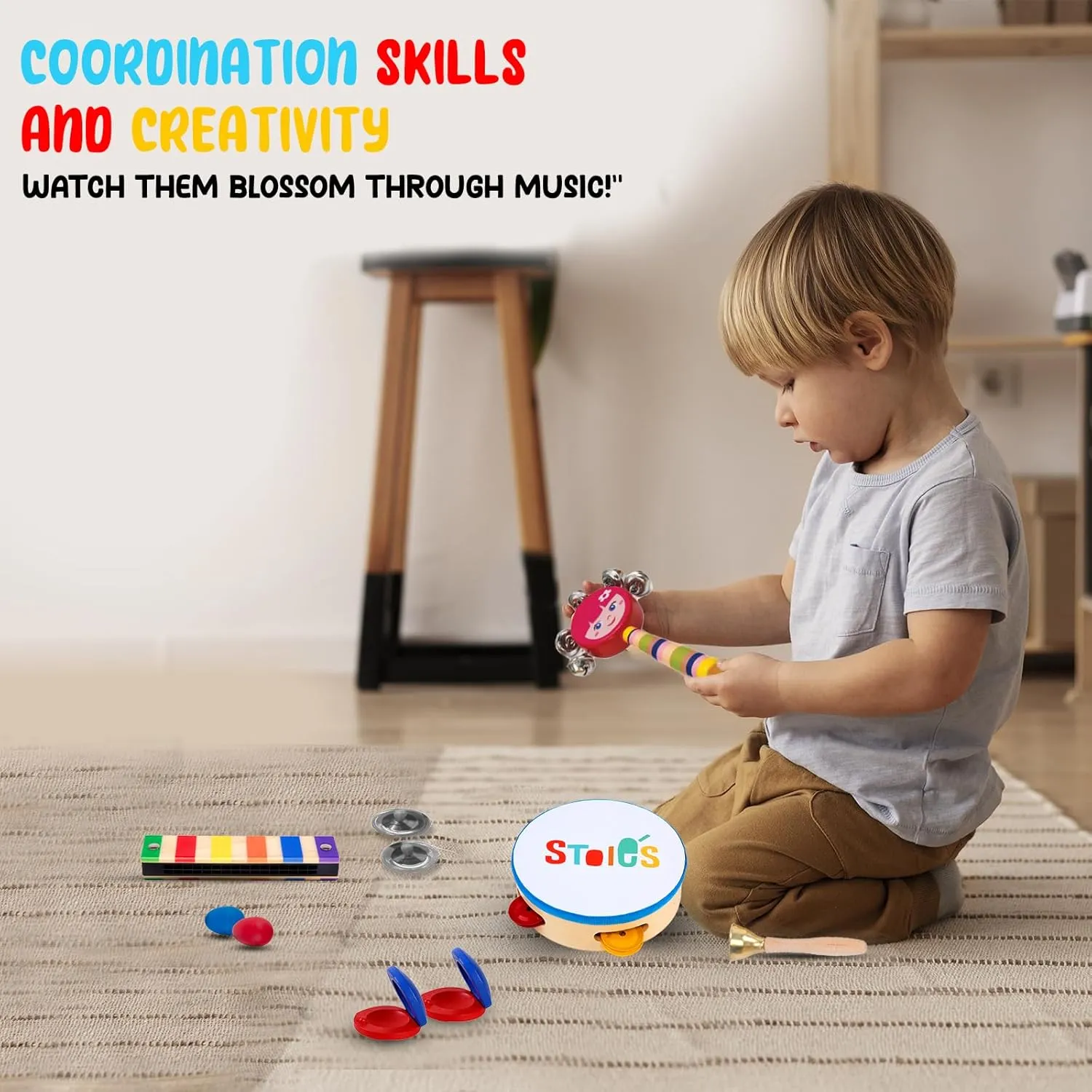 Stoie's Wooden Kids Musical Instruments for 1-5 Years Old, Baby Percussion Toys with Xylophone, Maracas, Tambourine, Durable, Safe to Play, Clear Loud Sound, Bright Rainbow Colors, Storage Backpack