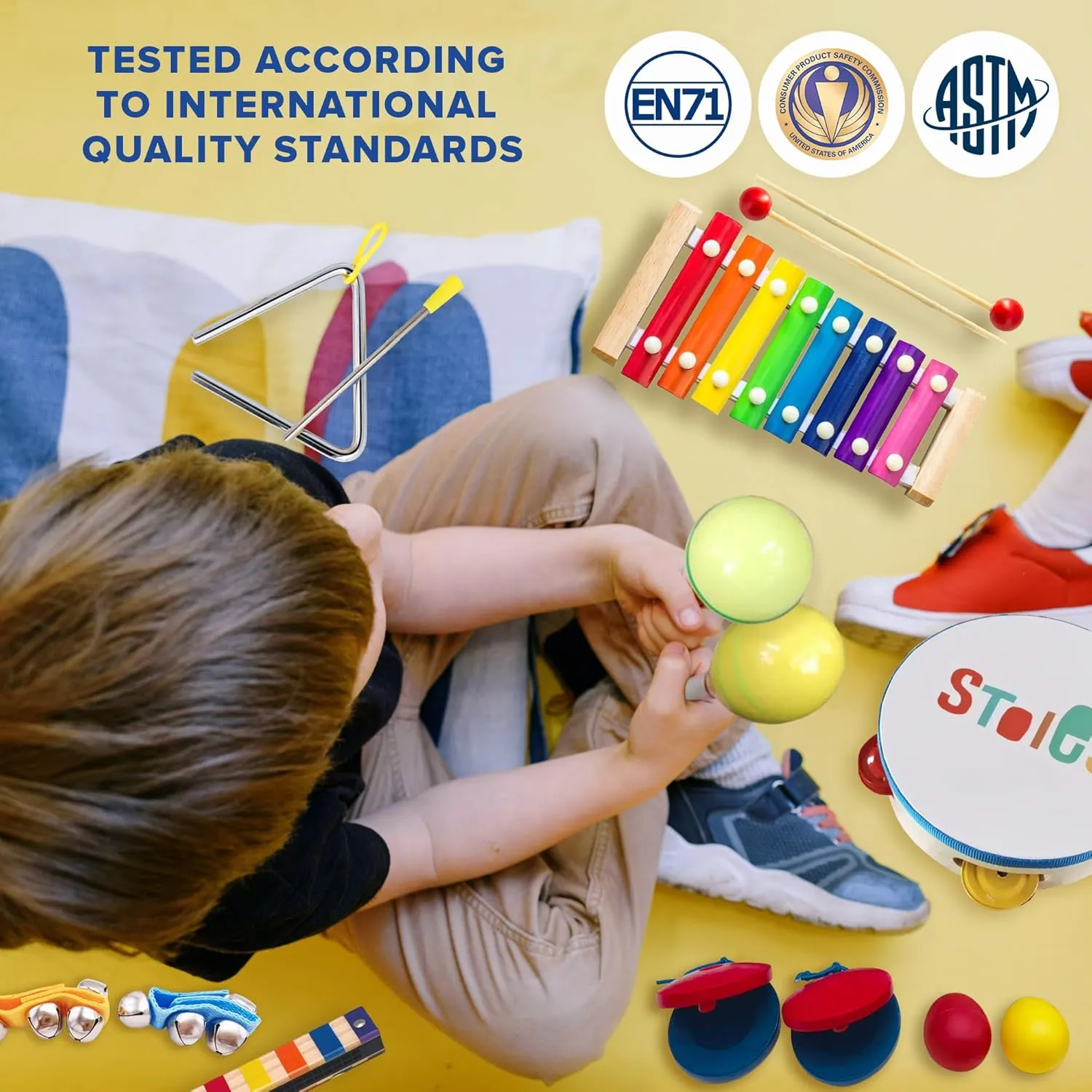 Stoie's Wooden Kids Musical Instruments for 1-5 Years Old, Baby Percussion Toys with Xylophone, Maracas, Tambourine, Durable, Safe to Play, Clear Loud Sound, Bright Rainbow Colors, Storage Backpack