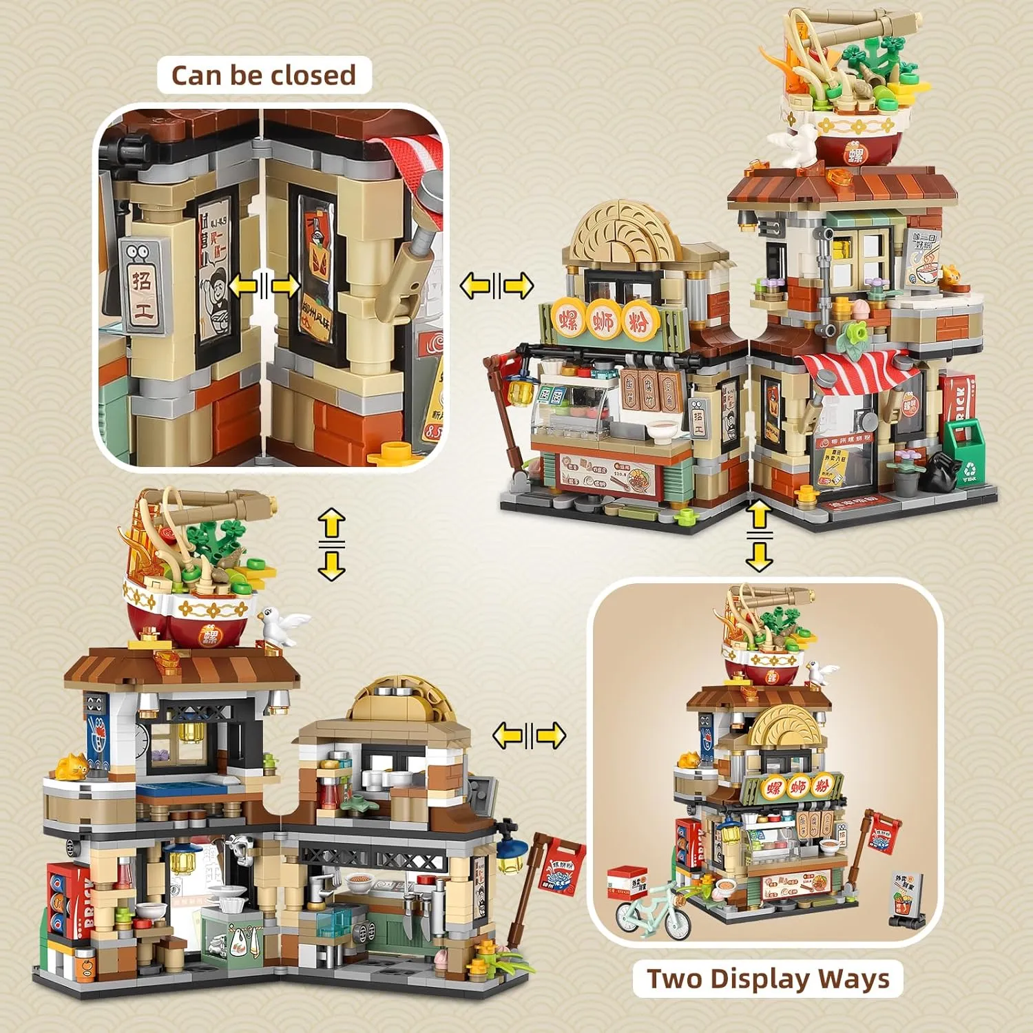 Street View Noodle Shop Mini Building Blocks, MOC Creative Building Toys Model Set for Girls 7-9 Years Old, 870 PCS Simulation Architecture Construction Toy, Gift Idea for Kids Adults