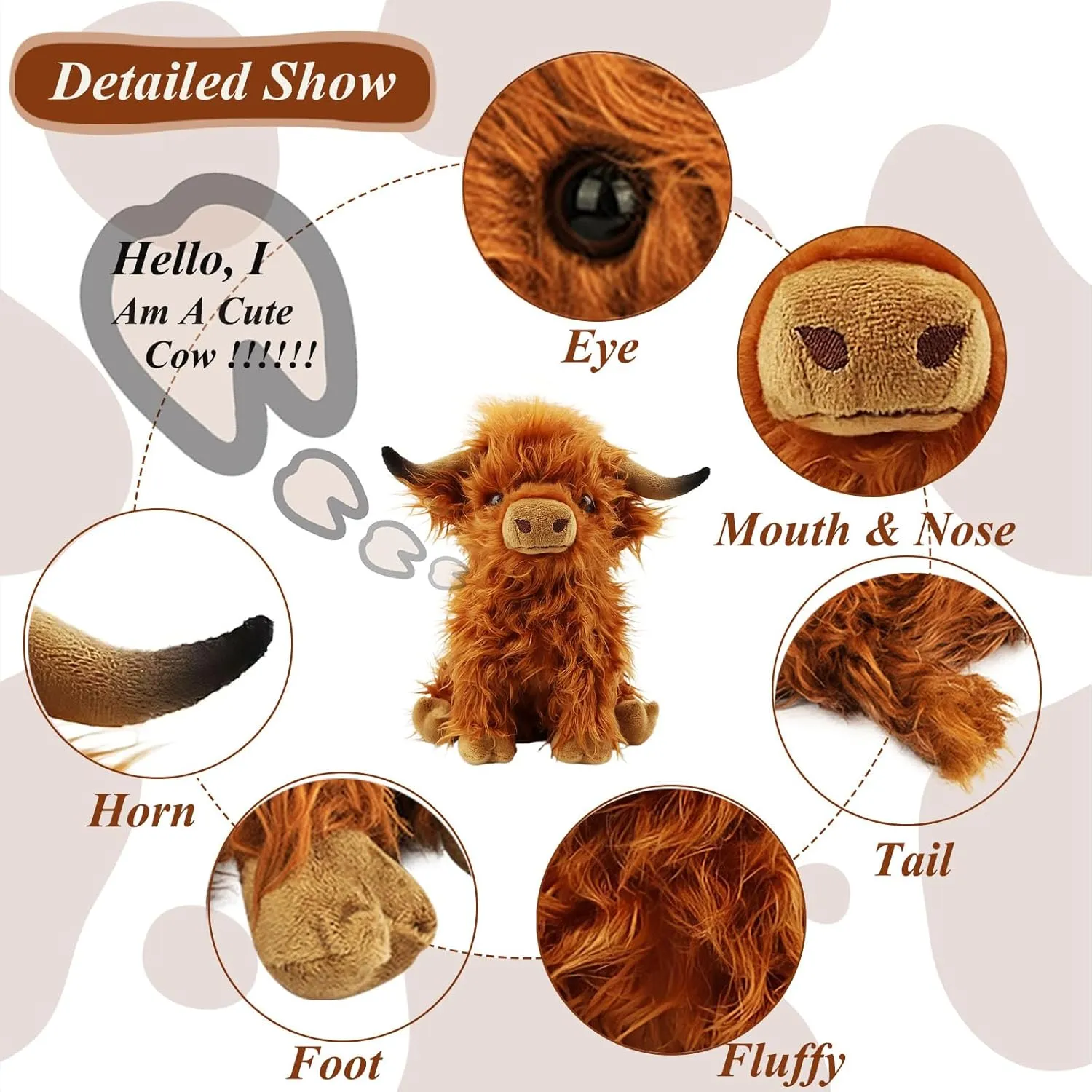 Stuffed Animals Highland Cows Cute Stuff Fluffy Cattle Dolls Skeleton Toys Figure Pillows Birthday Presents for Baby Kids Girls Boys Toddler Preschool Realistic Plush Décor (11 inches,Brown)
