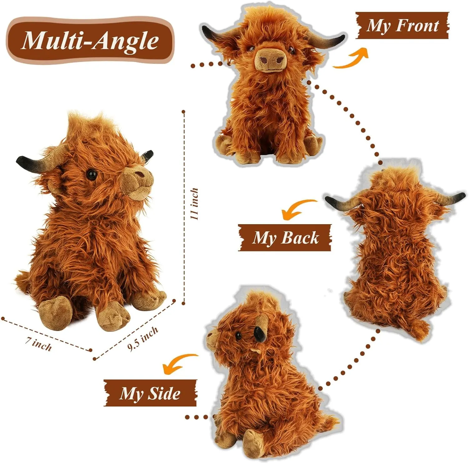 Stuffed Animals Highland Cows Cute Stuff Fluffy Cattle Dolls Skeleton Toys Figure Pillows Birthday Presents for Baby Kids Girls Boys Toddler Preschool Realistic Plush Décor (11 inches,Brown)