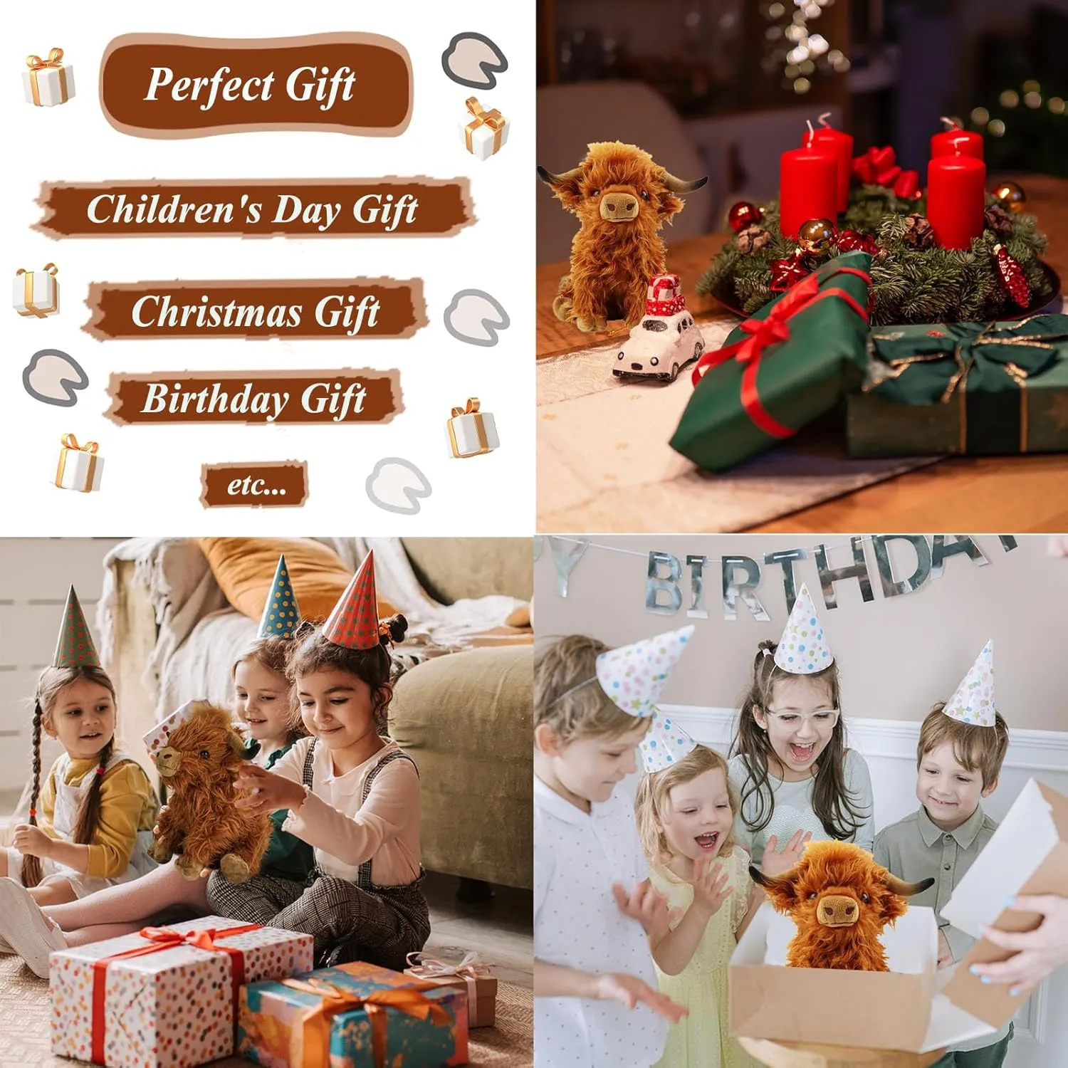 Stuffed Animals Highland Cows Cute Stuff Fluffy Cattle Dolls Skeleton Toys Figure Pillows Birthday Presents for Baby Kids Girls Boys Toddler Preschool Realistic Plush Décor (11 inches,Brown)