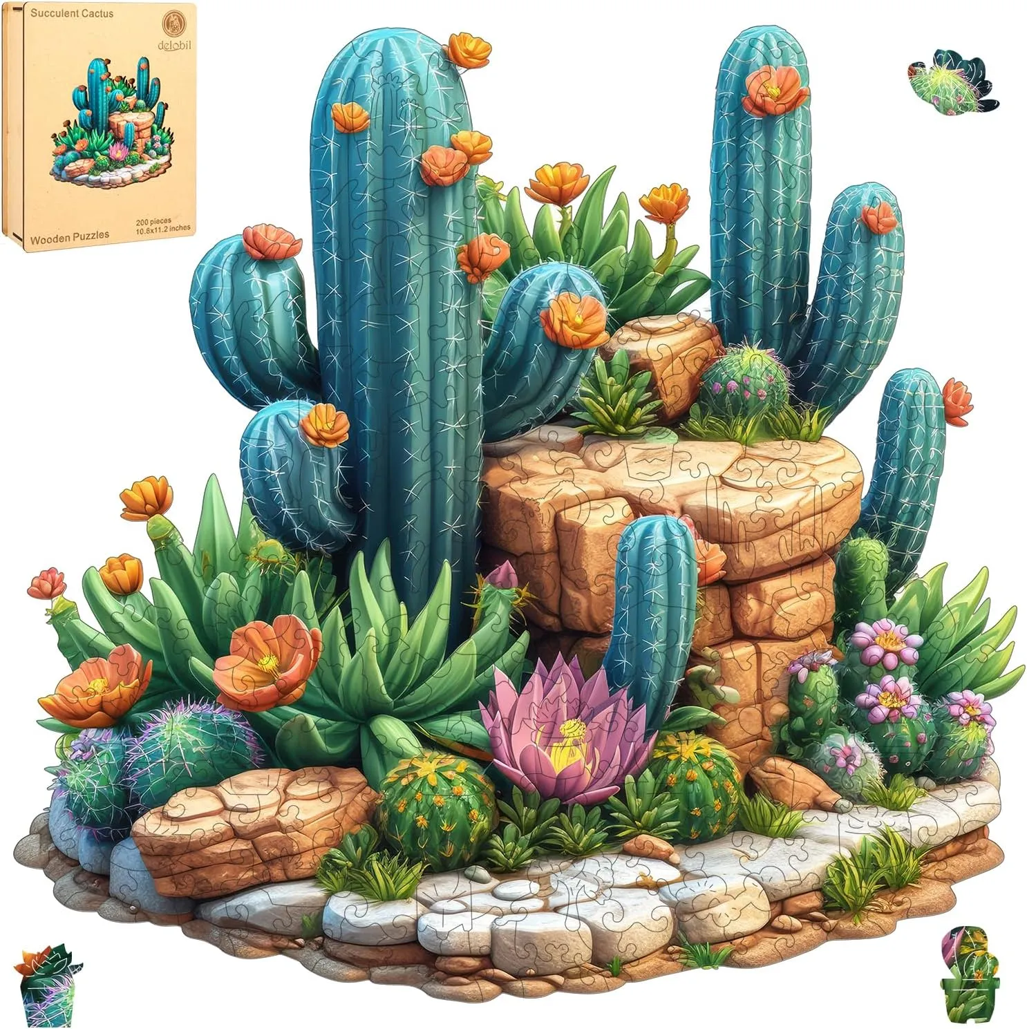 Succulent Cactus Wooden Puzzles for Adults, 200 Pieces Jigsaw Puzzles, Unique Shaped Medium Size Liberty Wood Puzzle Gift for Adults and Kids, Family Game 11.2'' x 10.8''