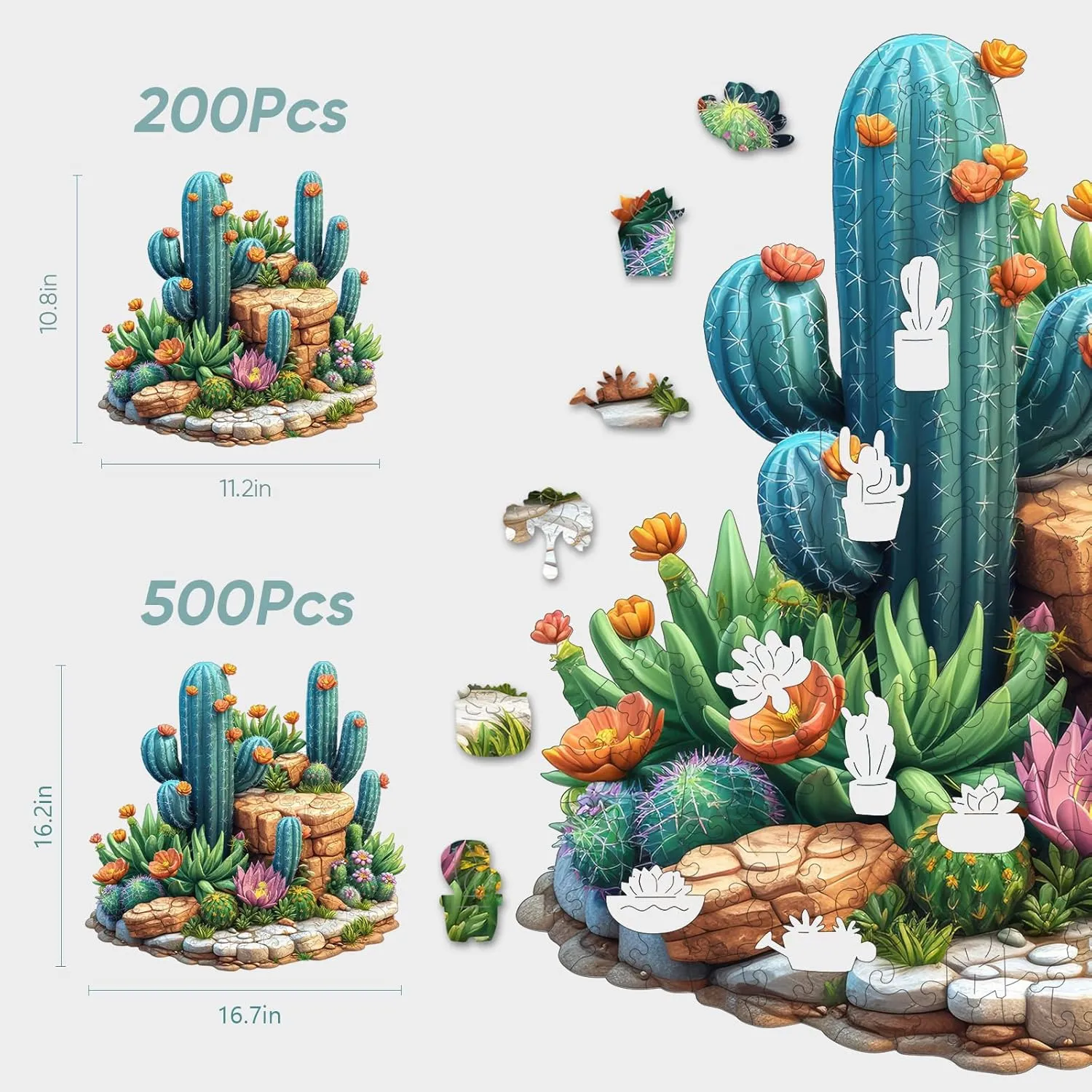 Succulent Cactus Wooden Puzzles for Adults, 200 Pieces Jigsaw Puzzles, Unique Shaped Medium Size Liberty Wood Puzzle Gift for Adults and Kids, Family Game 11.2'' x 10.8''