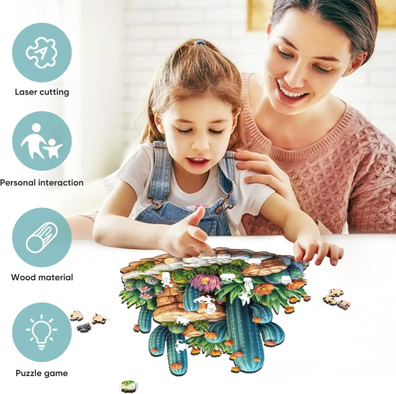 Succulent Cactus Wooden Puzzles for Adults, 200 Pieces Jigsaw Puzzles, Unique Shaped Medium Size Liberty Wood Puzzle Gift for Adults and Kids, Family Game 11.2'' x 10.8''