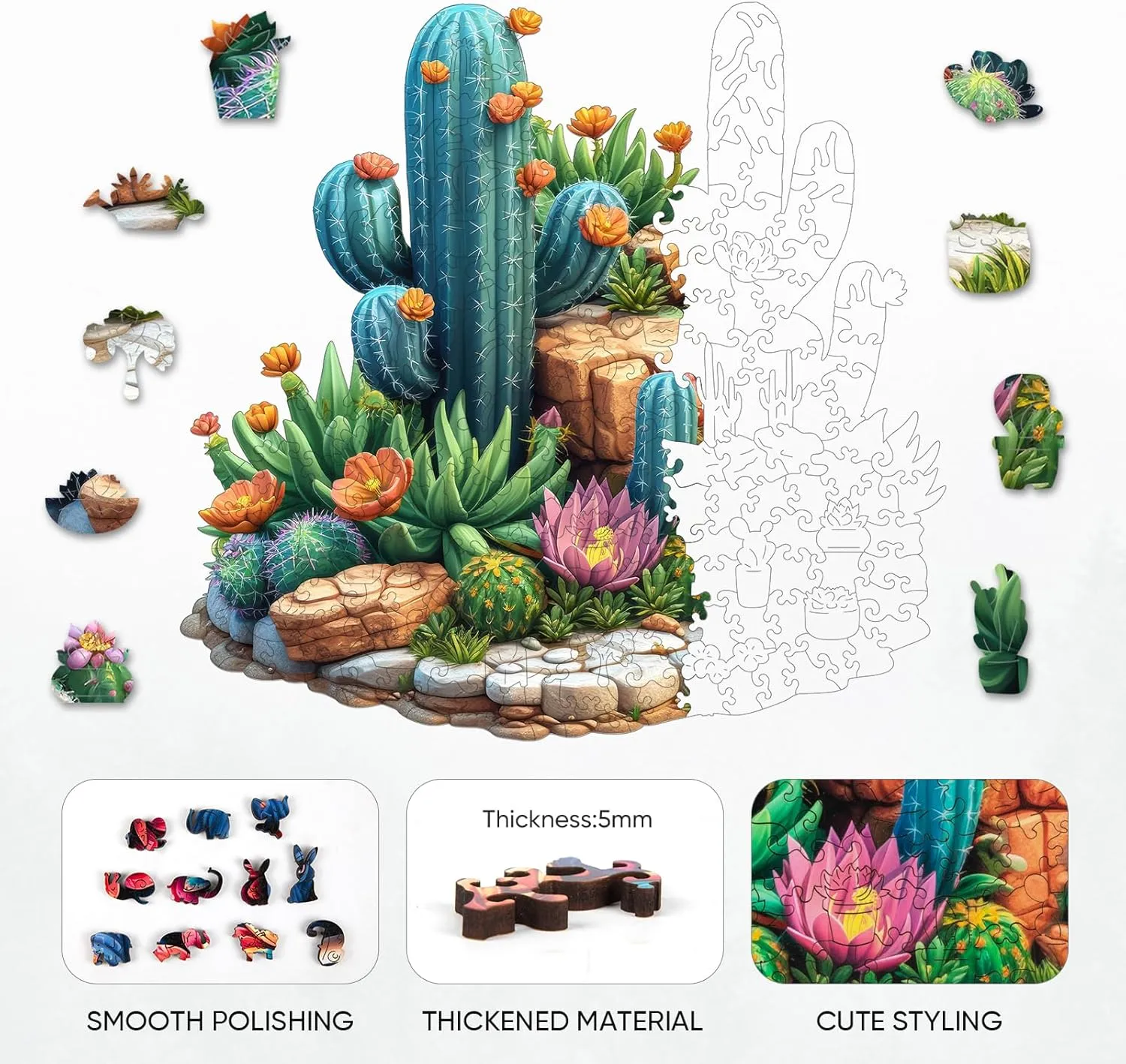 Succulent Cactus Wooden Puzzles for Adults, 200 Pieces Jigsaw Puzzles, Unique Shaped Medium Size Liberty Wood Puzzle Gift for Adults and Kids, Family Game 11.2'' x 10.8''