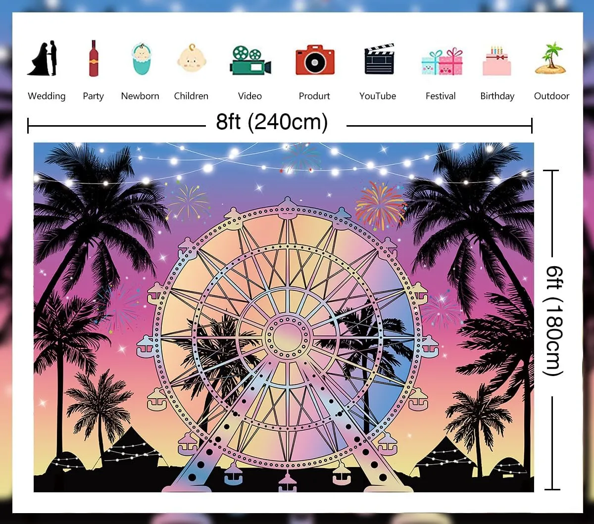 Summer Seaside Ferris Wheel Backdrop 8x6ft Tropical Palm Tree Sunset Photography Background Musical Festival Holidays Party Decoration Banner Studio Props (96''x72'')