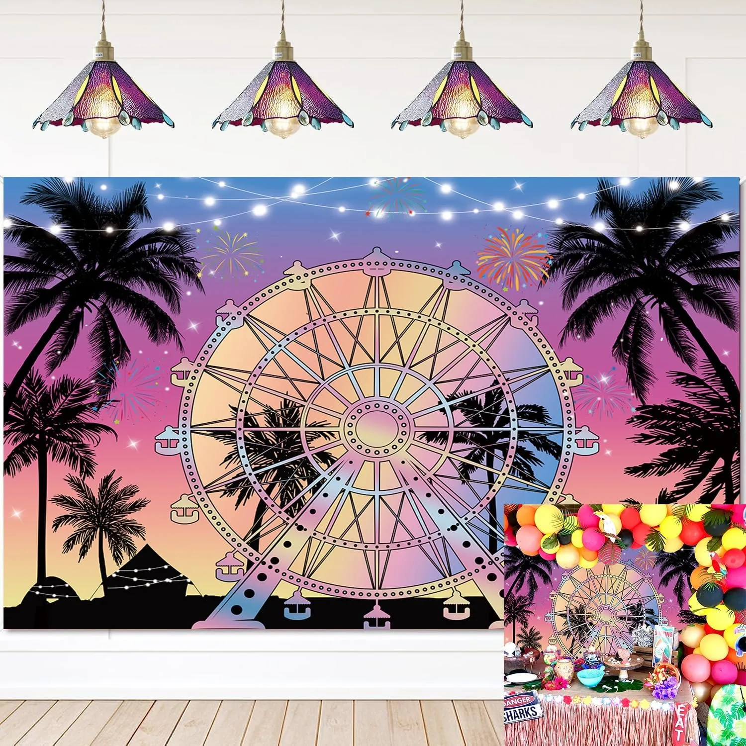 Summer Seaside Ferris Wheel Backdrop 8x6ft Tropical Palm Tree Sunset Photography Background Musical Festival Holidays Party Decoration Banner Studio Props (96''x72'')