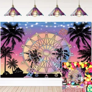 Summer Seaside Ferris Wheel Backdrop 8x6ft Tropical Palm Tree Sunset Photography Background Musical Festival Holidays Party Decoration Banner Studio Props (96''x72'')