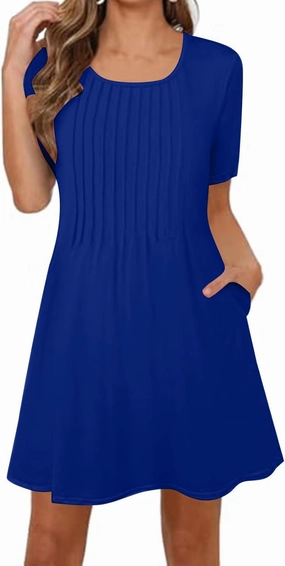 Summer Dresses for Women 2025 Pleated Short Sleeve Crewneck Womens Dresses Plain Casual Beach Dress with Pockets