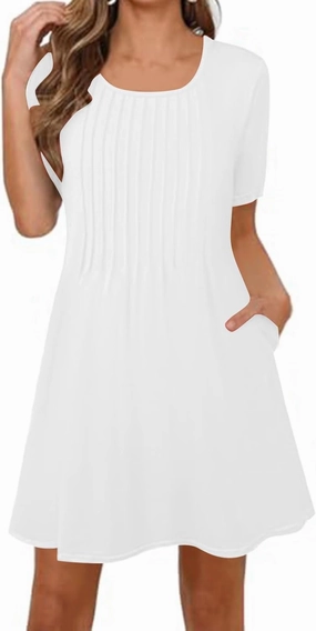 Summer Dresses for Women 2025 Pleated Short Sleeve Crewneck Womens Dresses Plain Casual Beach Dress with Pockets