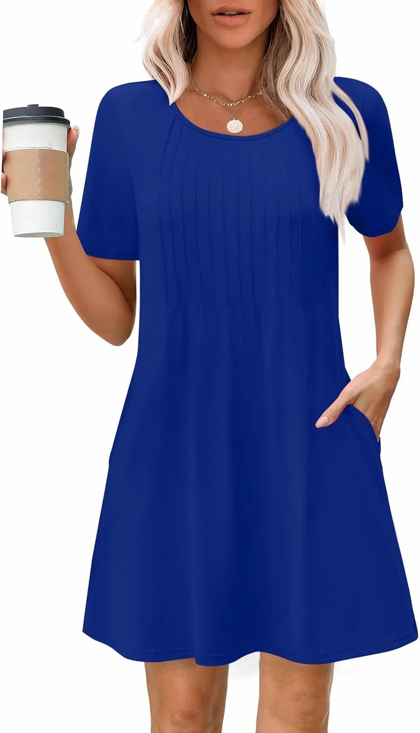 Summer Dresses for Women 2025 Pleated Short Sleeve Crewneck Womens Dresses Plain Casual Beach Dress with Pockets