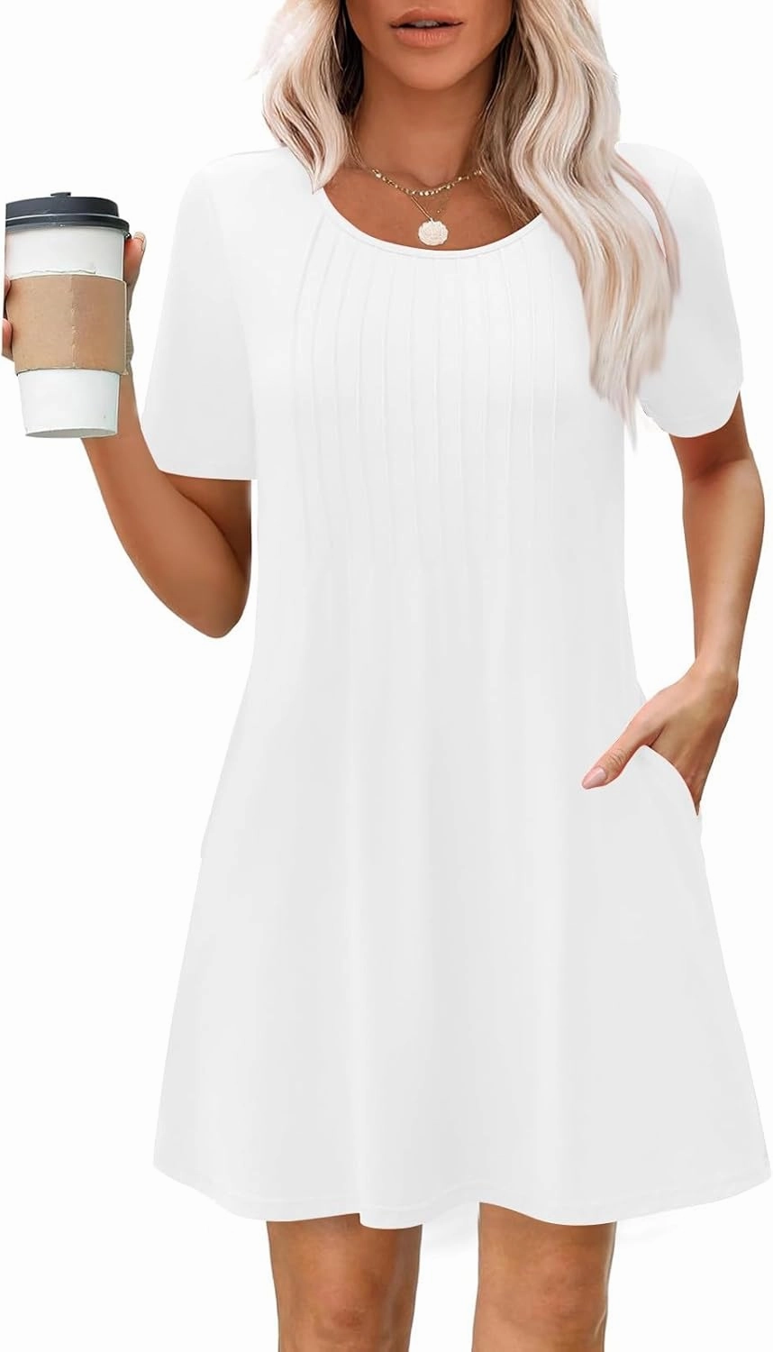 Summer Dresses for Women 2025 Pleated Short Sleeve Crewneck Womens Dresses Plain Casual Beach Dress with Pockets