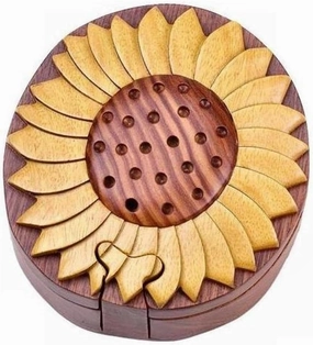 Sunflower - Natural Intarsia Wood Puzzle Box - Handcrafted with Secret Compartment