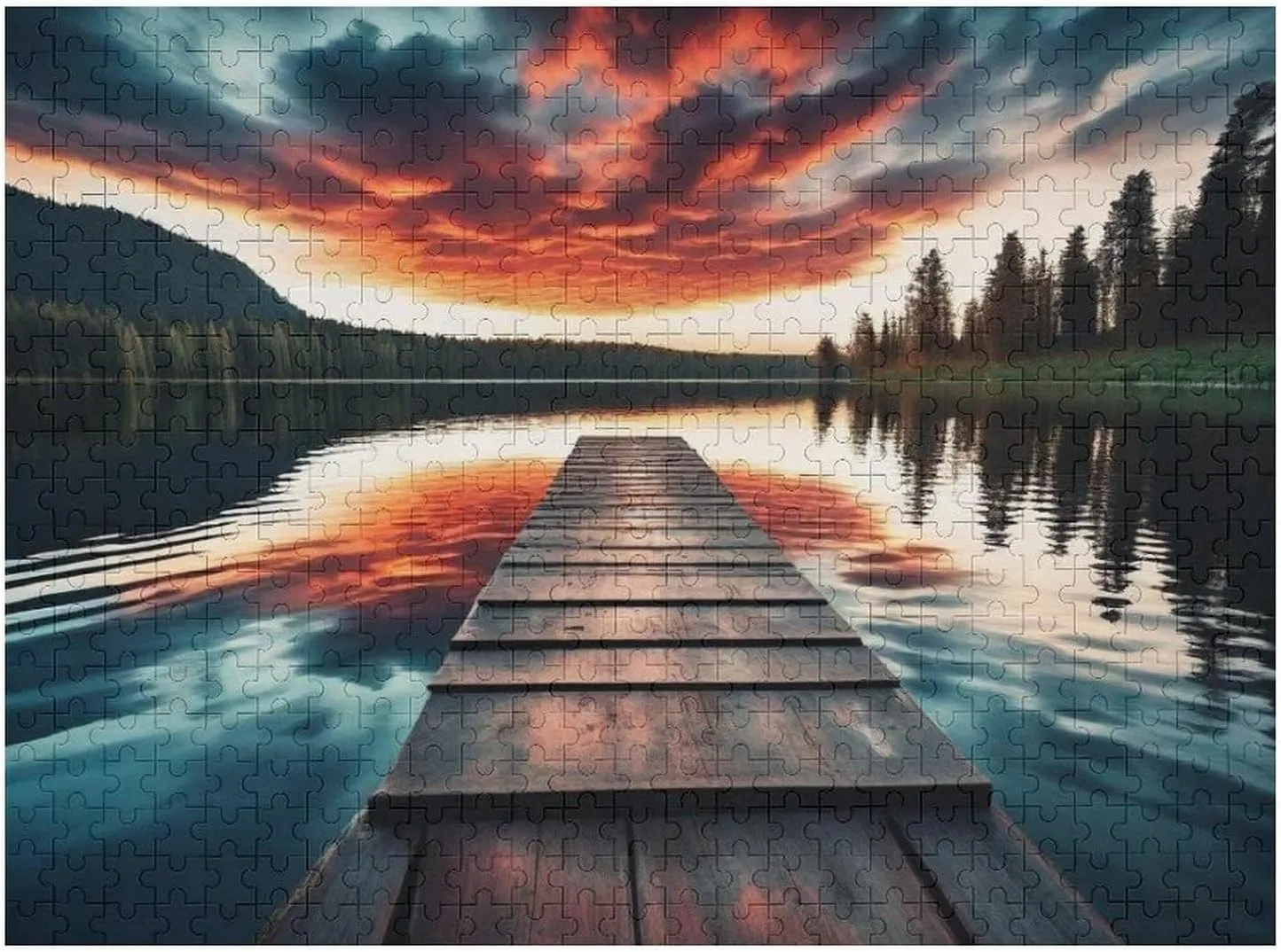 Sunset Over Fishing Pier at Finland Lake Puzzle 500 Piece – Wooden Jigsaw Puzzles for Adults Featuring Serene Lake View，Golden Hour Scene，Gift for Nature and Travel Enthusiasts