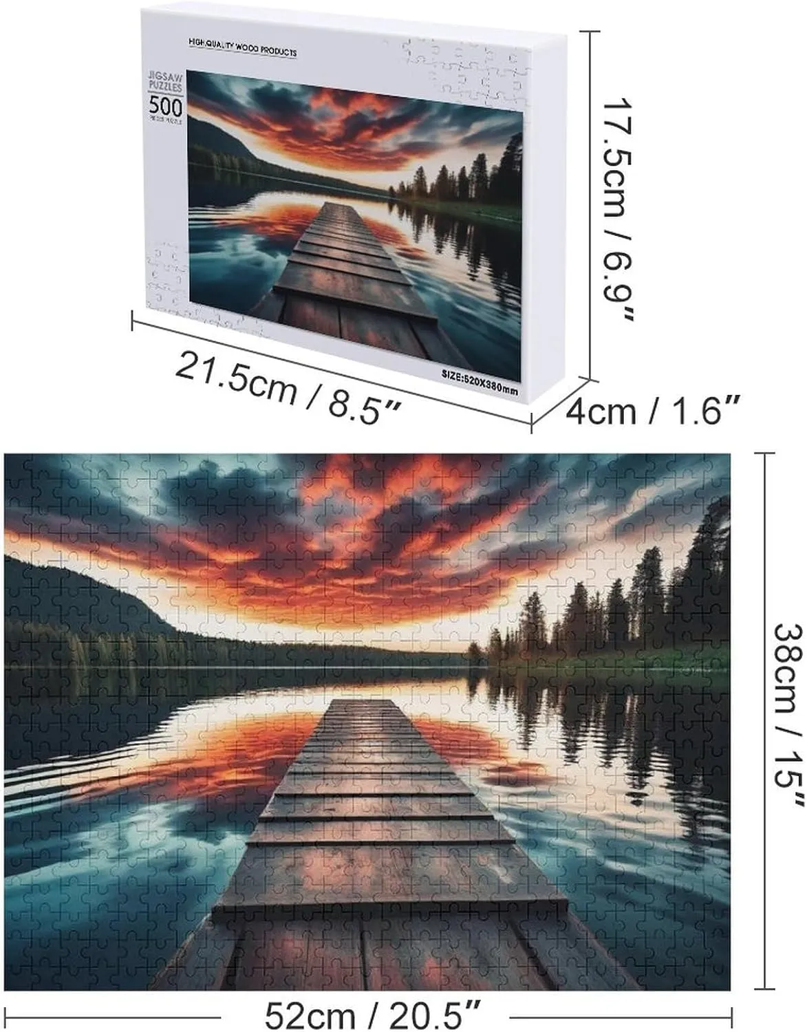 Sunset Over Fishing Pier at Finland Lake Puzzle 500 Piece – Wooden Jigsaw Puzzles for Adults Featuring Serene Lake View，Golden Hour Scene，Gift for Nature and Travel Enthusiasts
