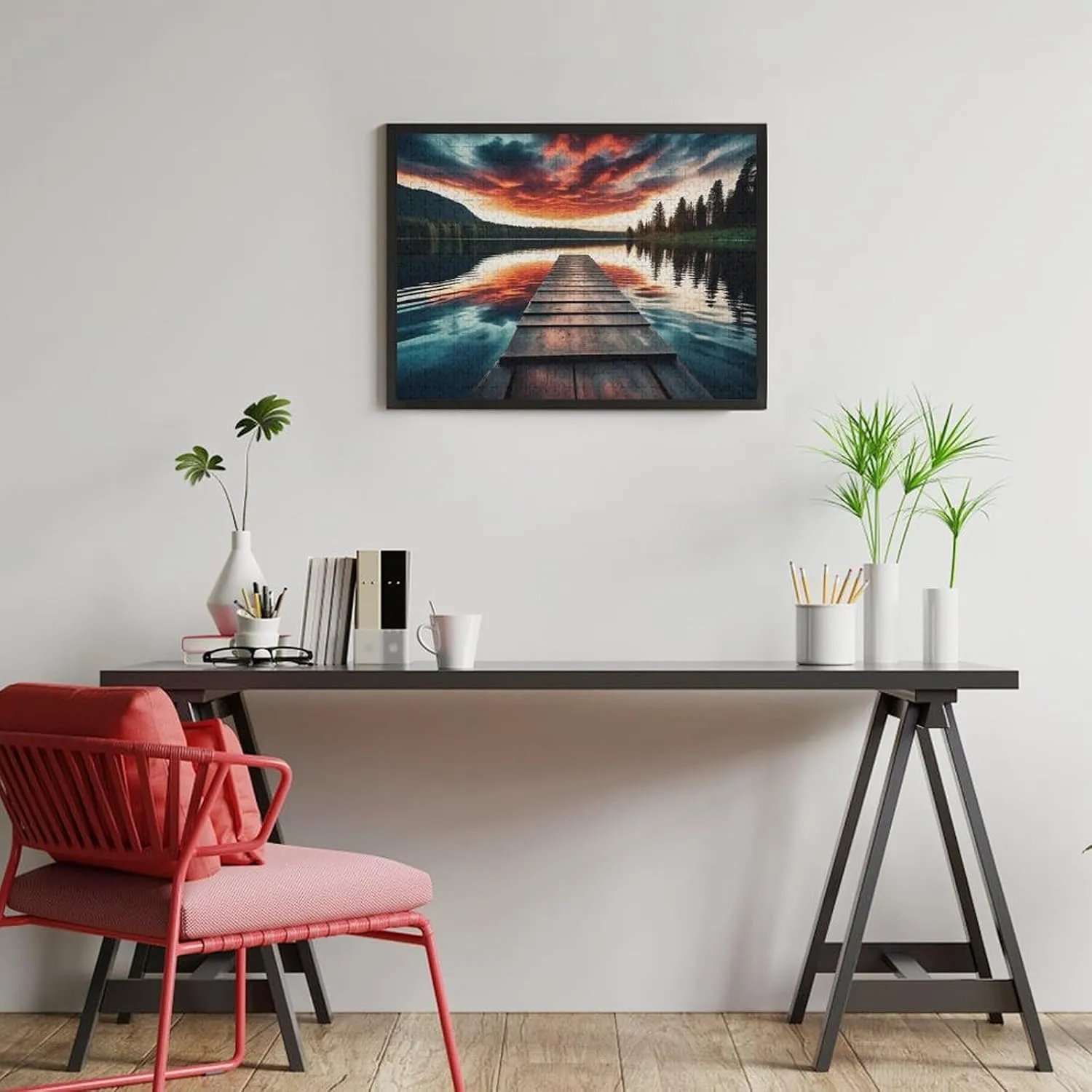 Sunset Over Fishing Pier at Finland Lake Puzzle 500 Piece – Wooden Jigsaw Puzzles for Adults Featuring Serene Lake View，Golden Hour Scene，Gift for Nature and Travel Enthusiasts
