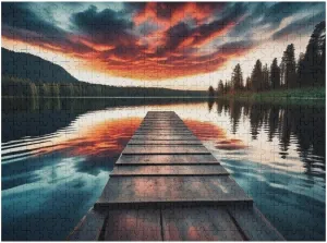Sunset Over Fishing Pier at Finland Lake Puzzle 500 Piece – Wooden Jigsaw Puzzles for Adults Featuring Serene Lake View，Golden Hour Scene，Gift for Nature and Travel Enthusiasts