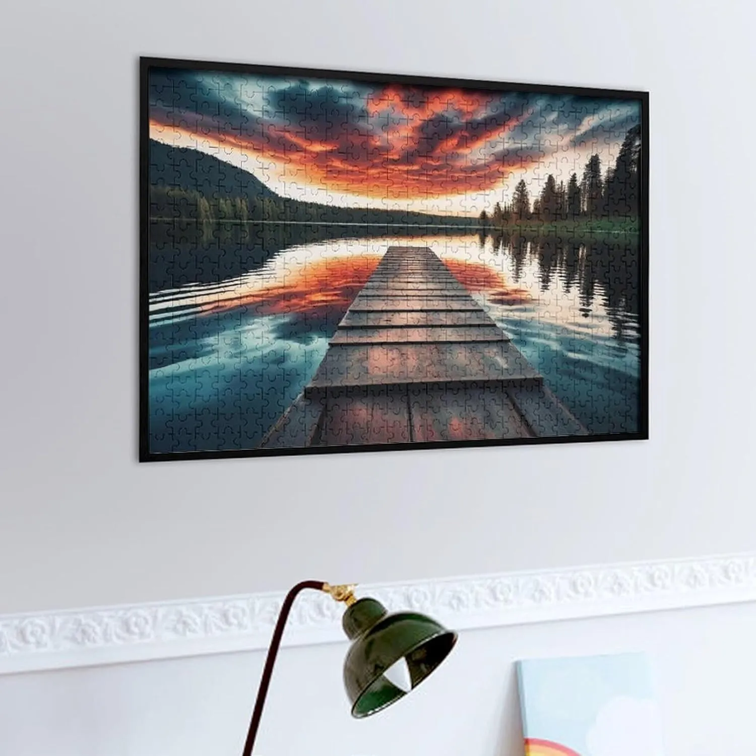 Sunset Over Fishing Pier at Finland Lake Puzzle 500 Piece – Wooden Jigsaw Puzzles for Adults Featuring Serene Lake View，Golden Hour Scene，Gift for Nature and Travel Enthusiasts