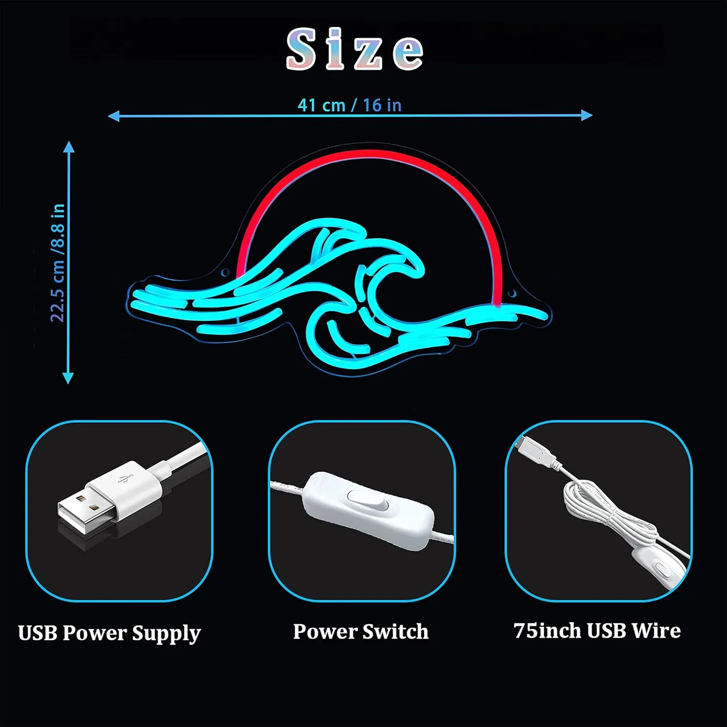 Sunset Wave Neon Light Wall Decor - Dimmable LED Bedroom Sign for Weddings, Man Cave, Living Room, Parties - USB Powered (8.8 * 16in)