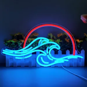 Sunset Wave Neon Light Wall Decor - Dimmable LED Bedroom Sign for Weddings, Man Cave, Living Room, Parties - USB Powered (8.8 * 16in)