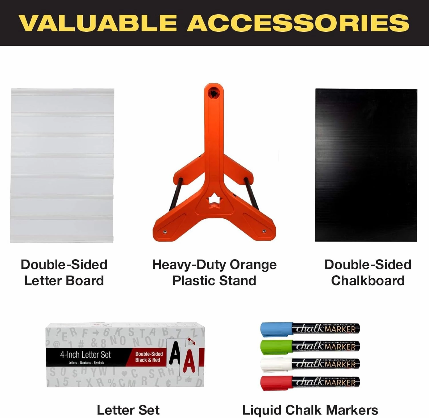 Swinging Changeable Message Sidewalk Sign: 24" x 36" Sign with 792 Pre-Cut Double Sided Letters and Storage Box. Includes Black Sign Board & 4 Liquid Chalkboard & Letter Board (Orange Color Legs)