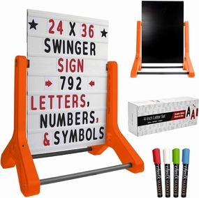Swinging Changeable Message Sidewalk Sign: 24" x 36" Sign with 792 Pre-Cut Double Sided Letters and Storage Box. Includes Black Sign Board & 4 Liquid Chalkboard & Letter Board (Orange Color Legs)