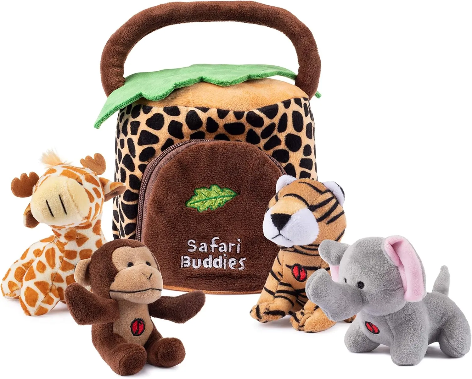 Talking Plush Jungle Animals Set: 4 Soft Safari Toys - Elephant, Monkey, Giraffe, Tiger & Jungle House Carrier